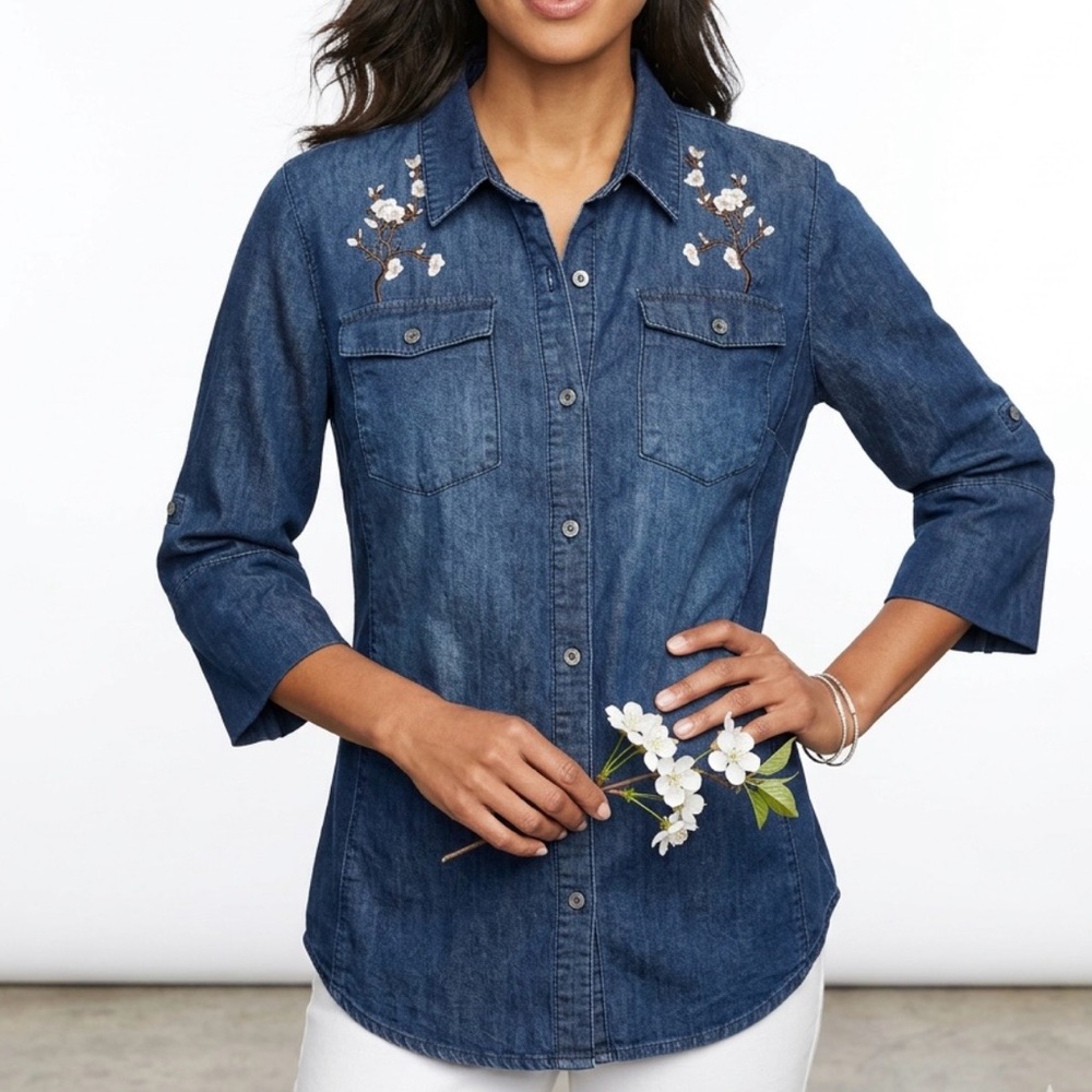 CAVALINI Women Denim Collection Shirt Embroider Flowers‎ 3/4 Sleeve Blue Denim L